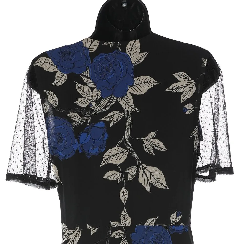 Jason Wu Black & Blue Rose Short Mesh Sleeve Dress - Image 7