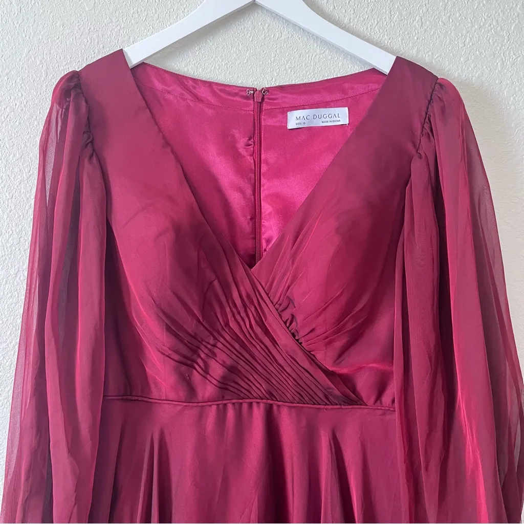 MAC DUGGAL Red Sheer Blouson Sleeve Surplice Gown - Image 7