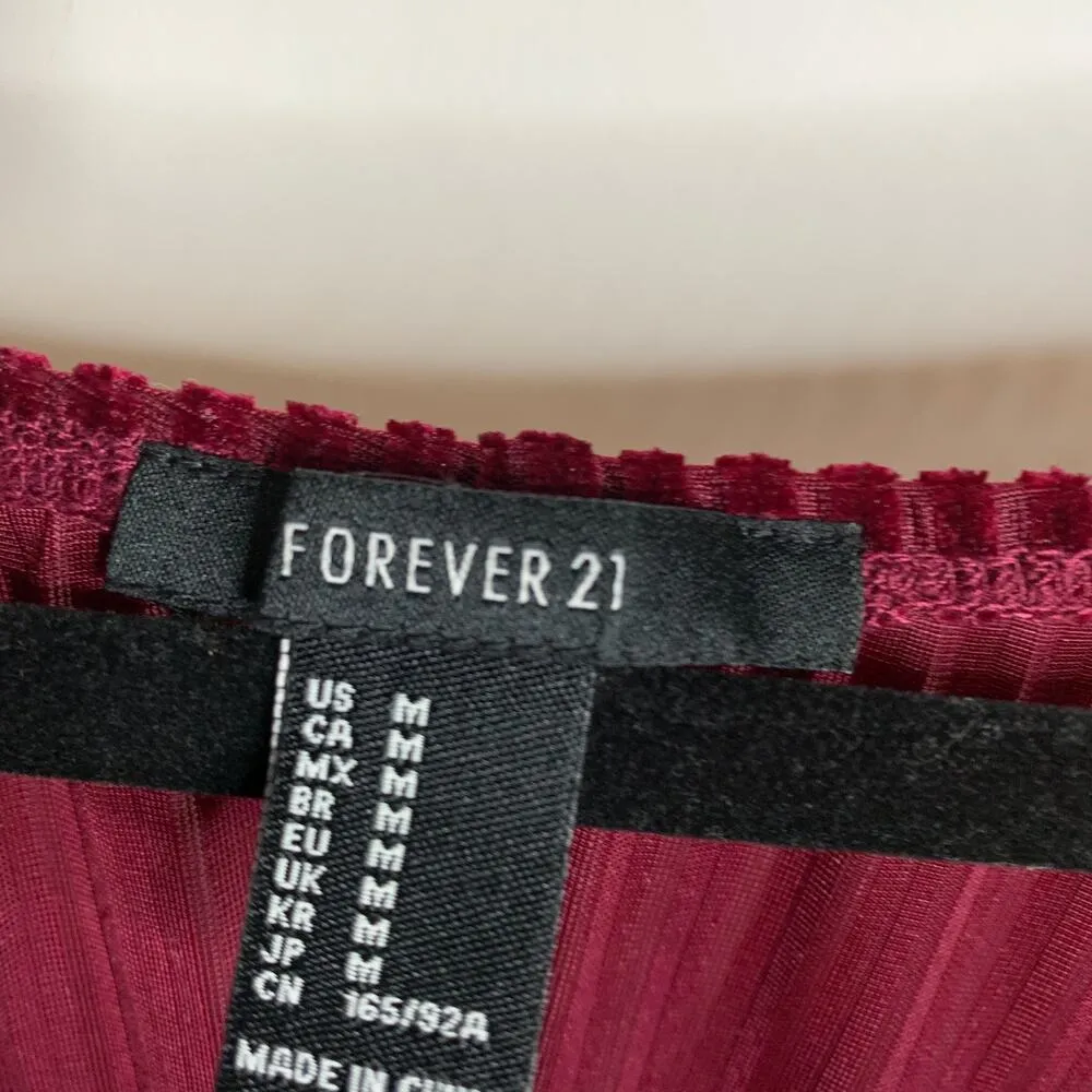 Burgundy Ribbed Sheer Wide Neck Bodysuit Sz Medium - Image 5