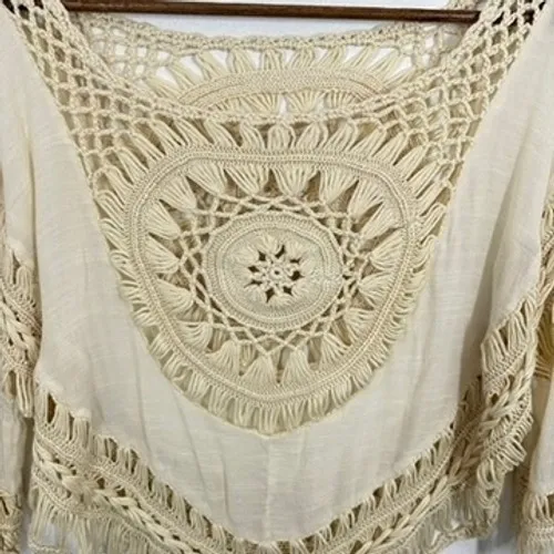 Bohemian Crochet Lace Top Cream Bell Sleeve Fringe Boho Festival Tan Size M - Image 2