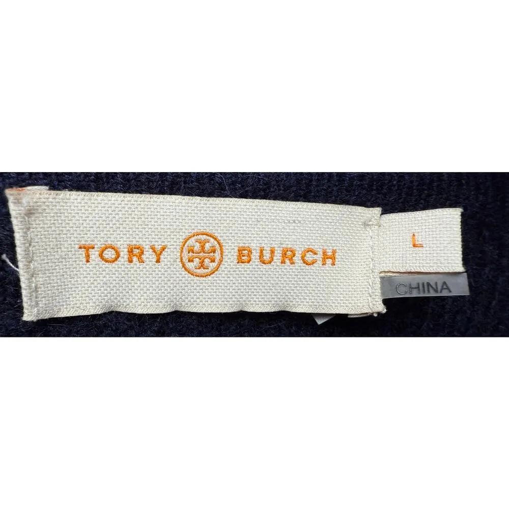 Tory Burch $598 Navy Wool Alpaca Windowpane Knit Long Sweatercoat Cardigan Sz L - Image 5