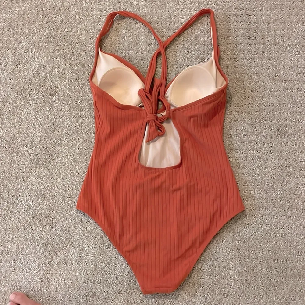 Kona Sol Apricot Orange Ribbed Criss Cross Back One Piece Bathing Suit - Image 6