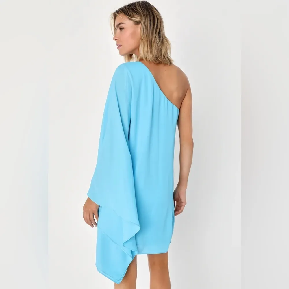 NEW NWT Lulus Summer Daze One-Shoulder Kaftan Sleeve Mini Dress in Turquoise - Image 4