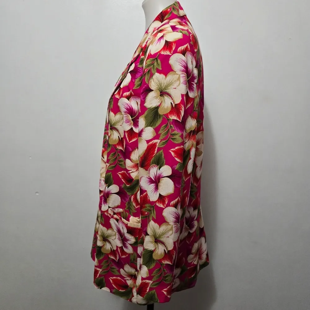 Vintage Leslie Faye Fuchsia Hibiscus Floral Longline Blazer Size 16P Pink - Image 3