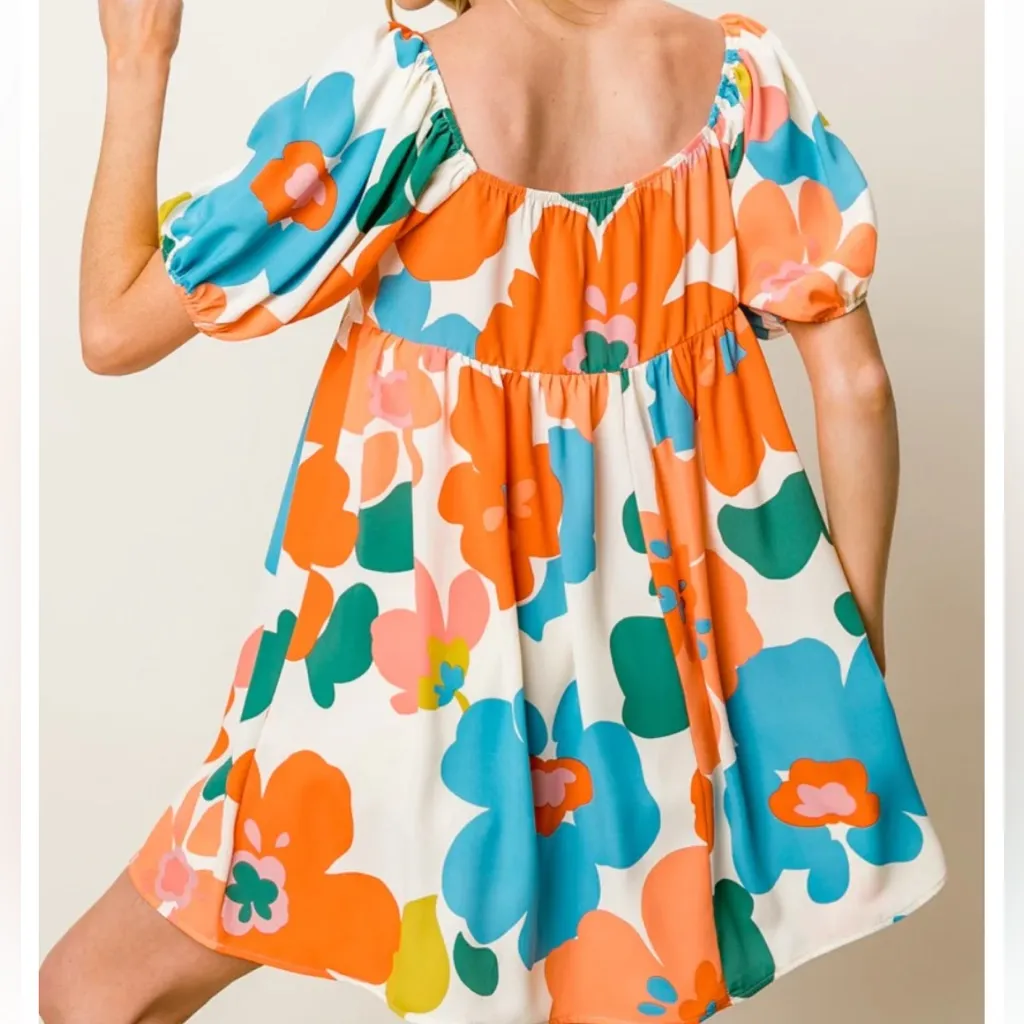 BiBi Floral Puff Sleeve Square Neck Babydoll Mini Dress XL Retro Style 70s New - Image 7