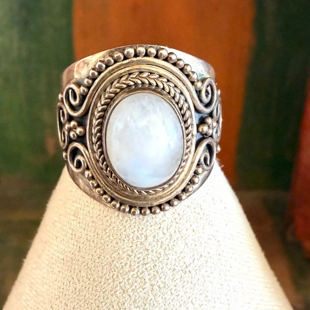 Sterling Silver Moonstone Wide Band Ring – Artisan Scroll Design - Image 2