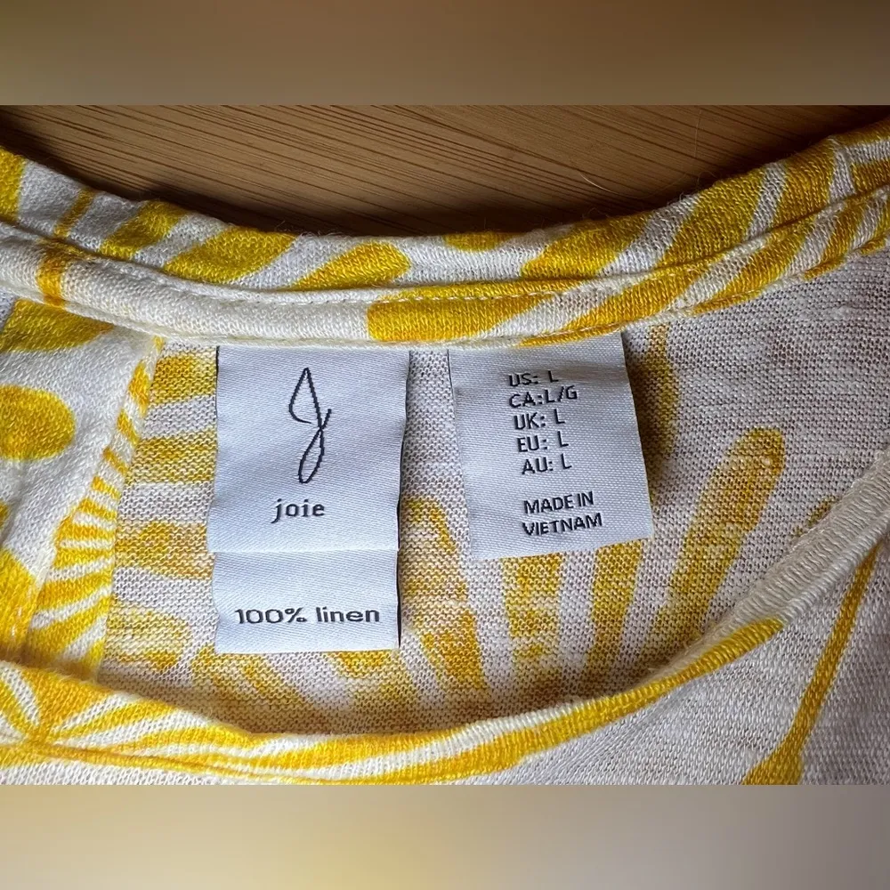 Joie Women’s 100% Linen Mustard Yellow Cap Sleeve Button Back Botanical Top|Sz:L - Image 12