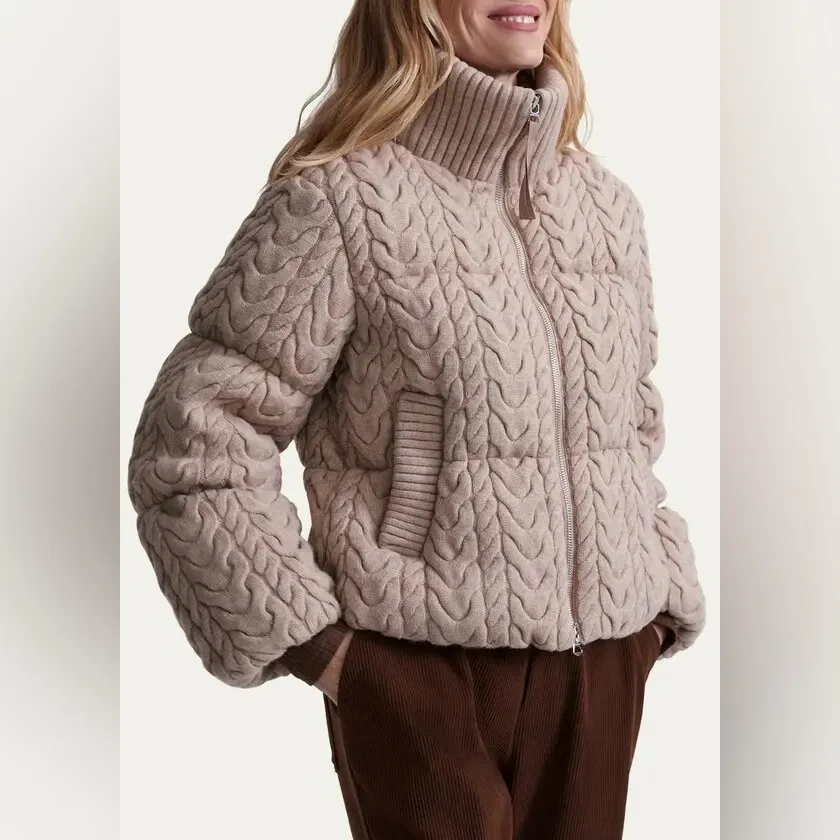 Varley Reggie Quilted Plush Cable Knit Puffer Jacket Taupe | S - Image 3