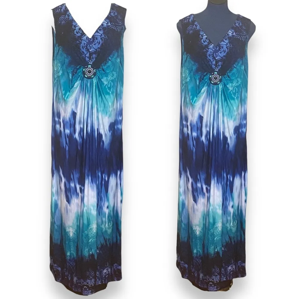 Catherine's Sleeveless Maxi Dress Tie Dye Ombre Jewel Detail Size 1X - Image 3
