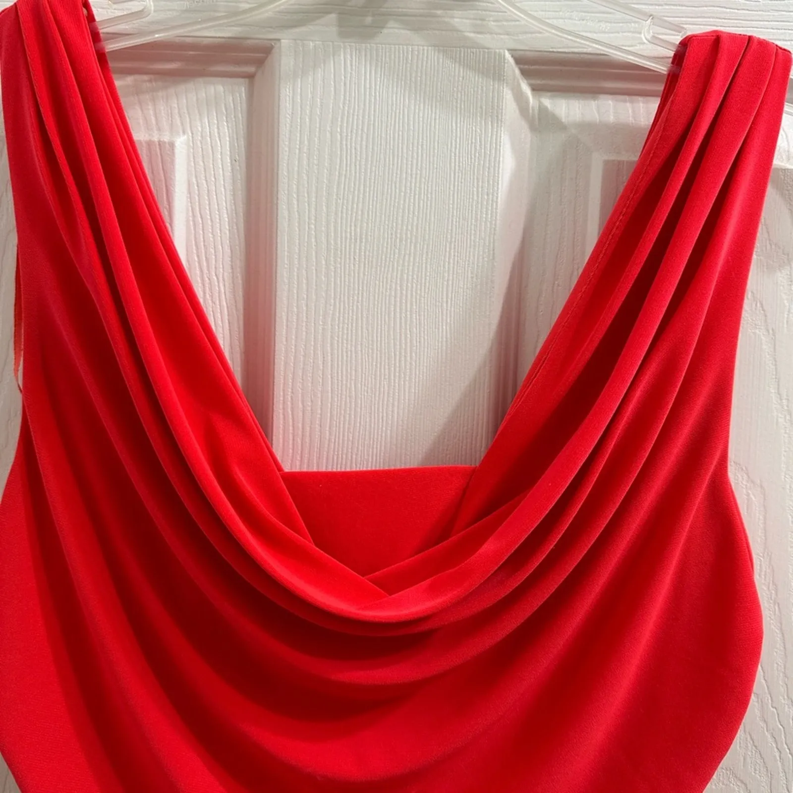 Night Way Bright Coral Gathered Stretch Cowl Neck Formal Maxi Dress 8 Draped Orange - Image 5