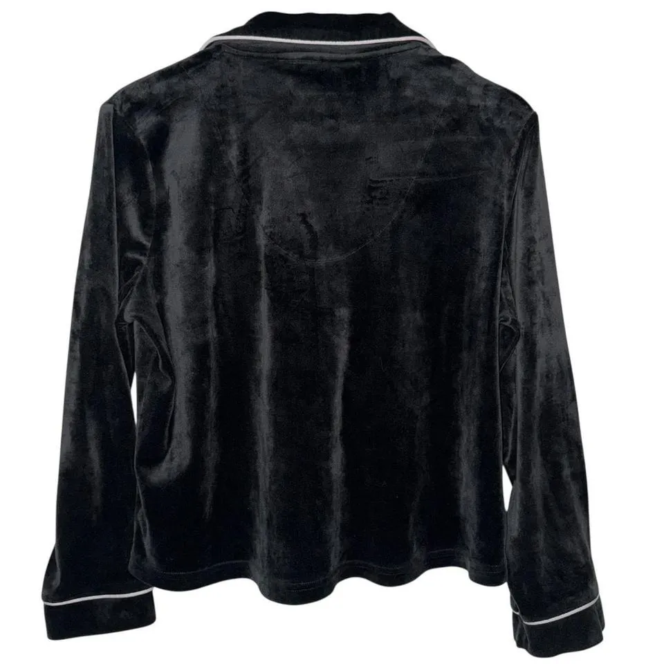 Vintage Juicy Couture Y2K Black Velour Pajama Top Collared Button Up Long Sleeve - Image 2