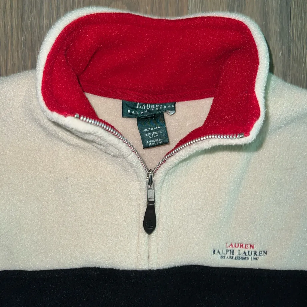 Vintage Lauren Ralph Lauren Fleece 1/4 Zip Pullover Womens Large Ivory Black - Image 2