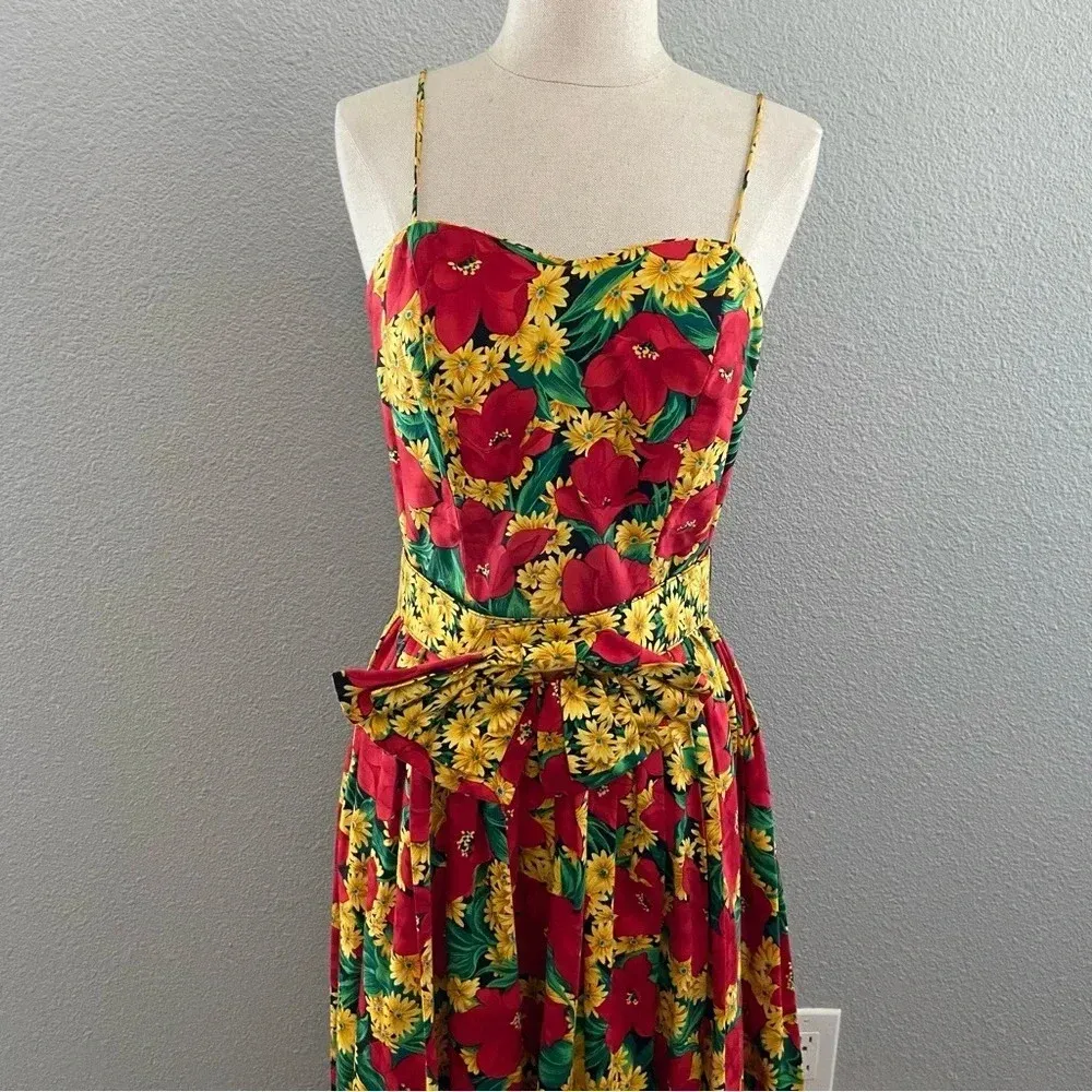 Vintage Antonia Collection Sunflower Midi‎ Dress Size 8 Belt with bow Red - Image 2