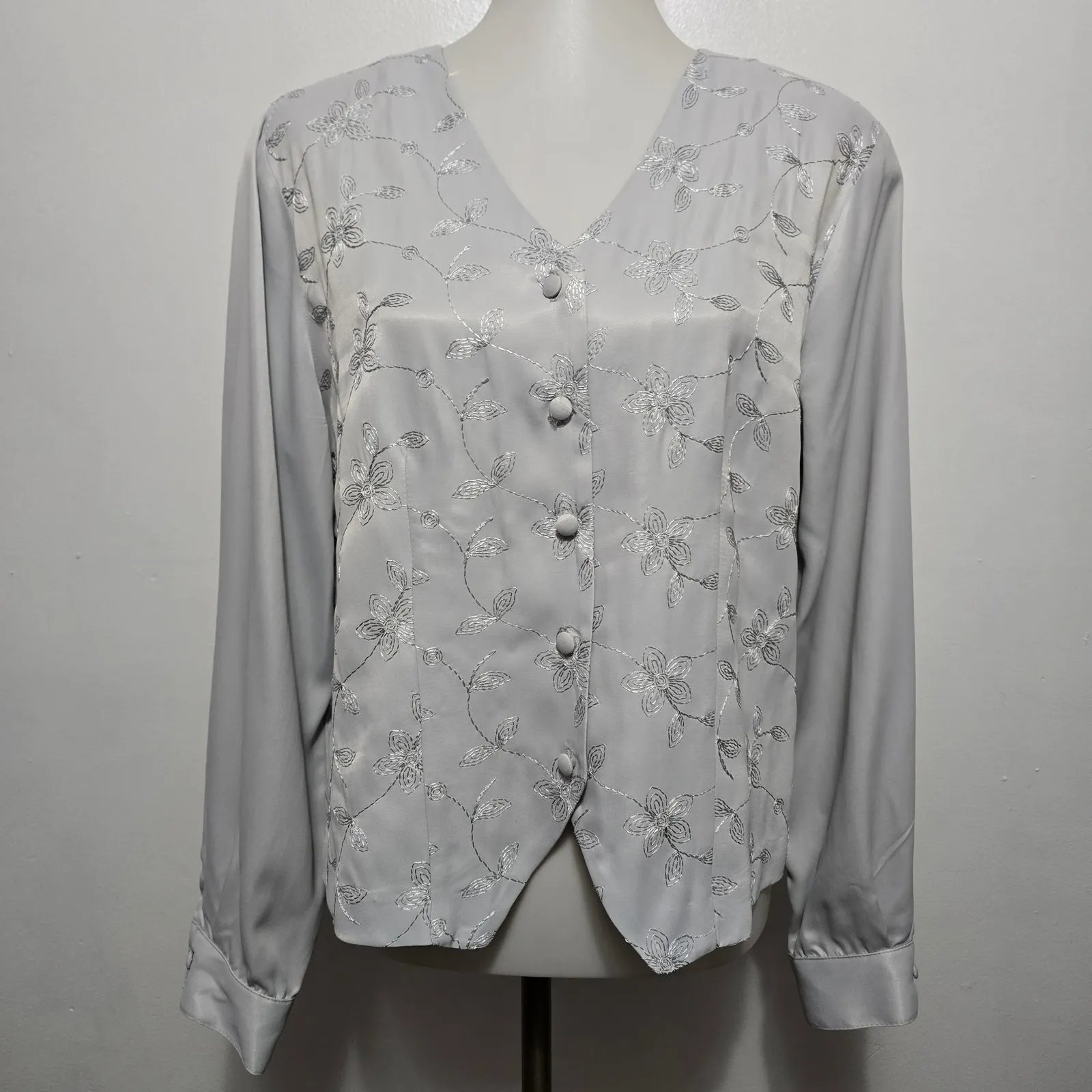 New York City Design Co 90s Silver Floral Beaded Satin Button Front Blouse 14 Gray - Image 2