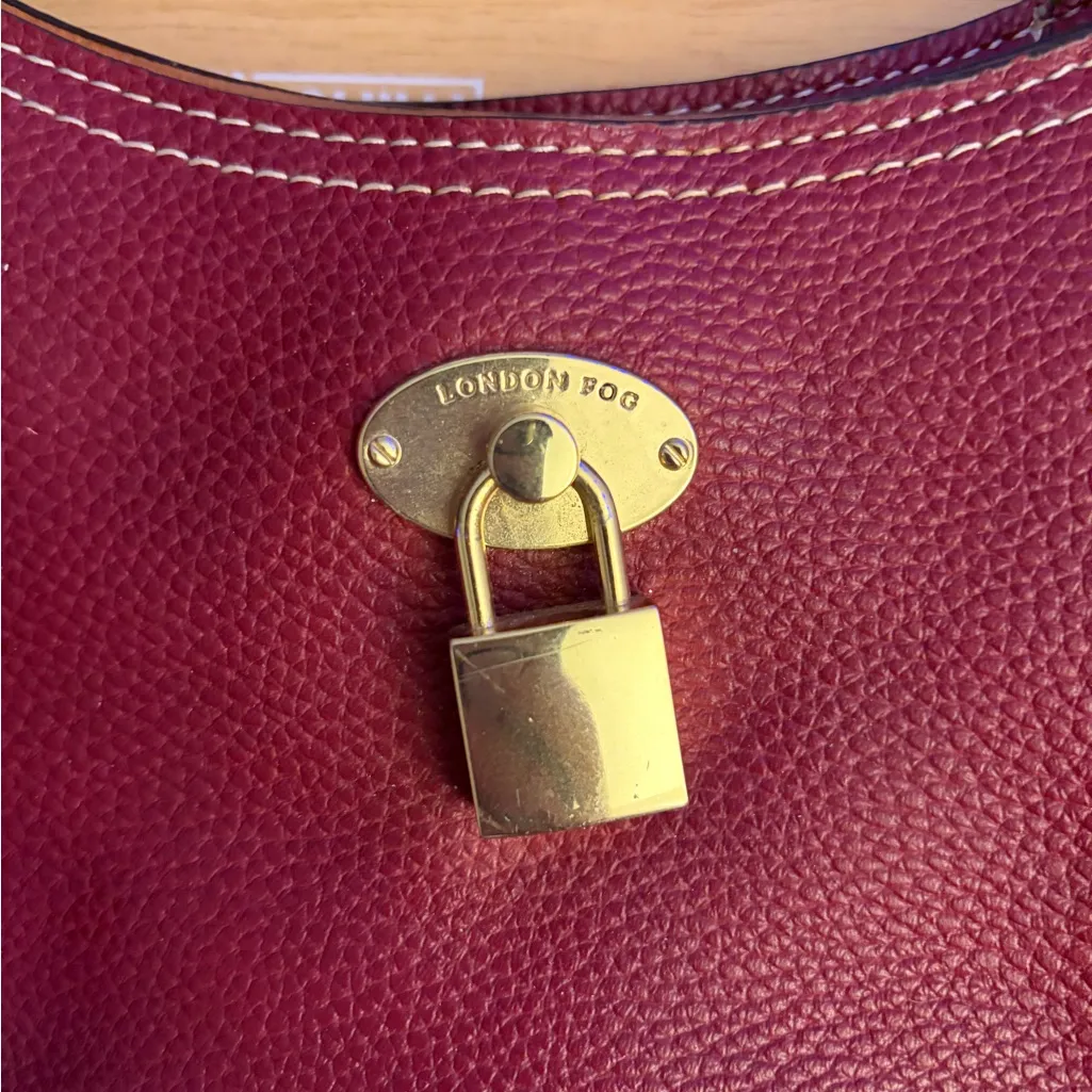 London Fog Burgundy Pebbled Leather Hobo Shoulder Bag w/ Gold Padlock Accent Red - Image 3