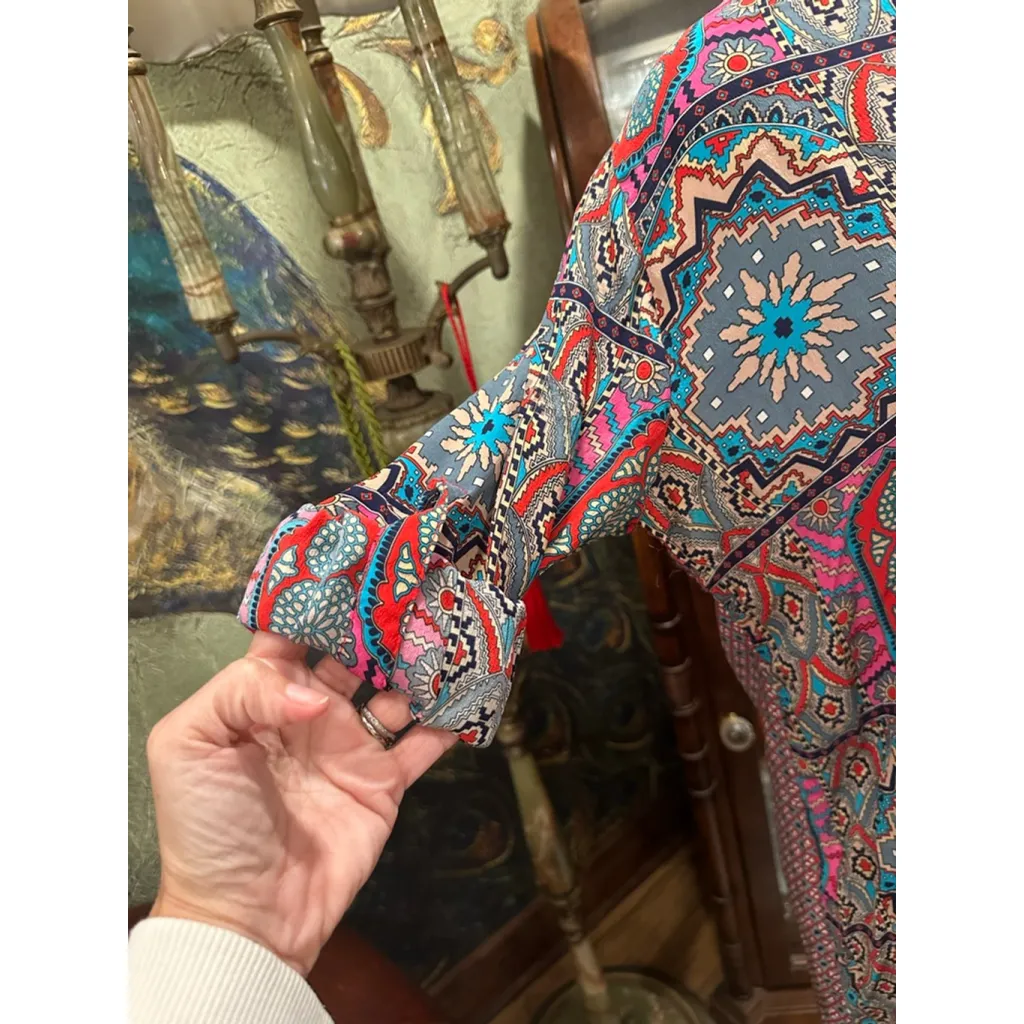 Women's Tolani Tunic M Gray Pink Silk Bohemian Print - Image 2