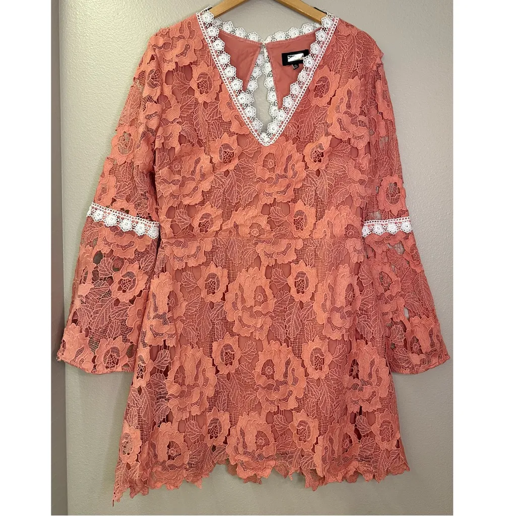 Alexia Admor Coral Lace Crochet Long Sleeve High Contrast Feminine Dress - Image 9