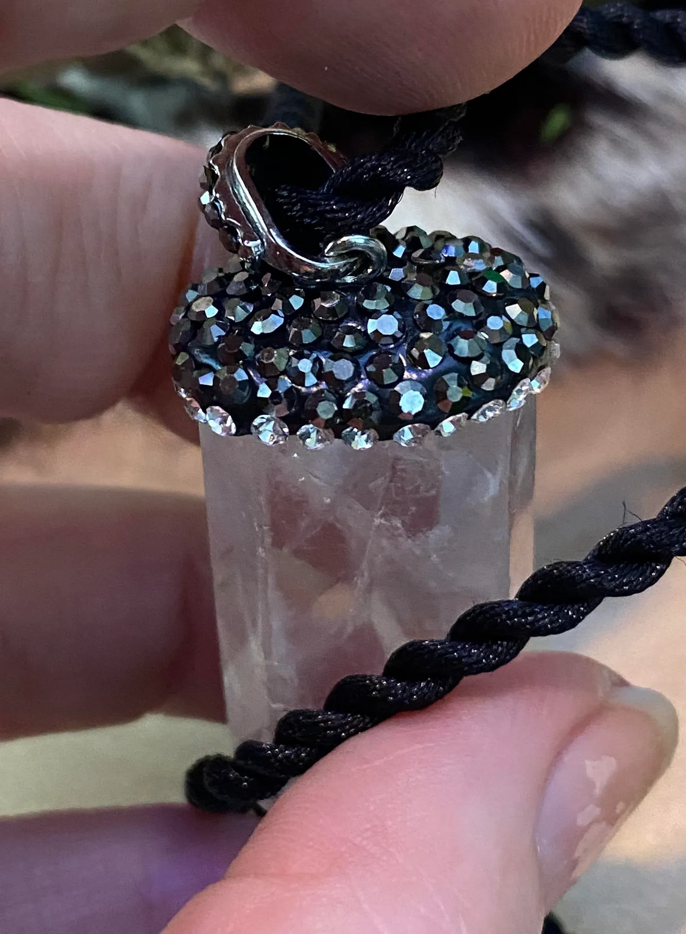 Clear Quartz stone encrusted pendant on silk cord White - Image 4