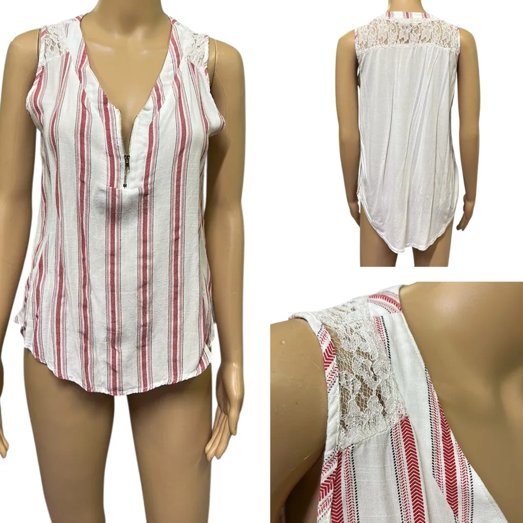 Ember Cotton Striped Front Lace Accent Quarter Zip Sleeveless Blouse Womens M Orange Size M - Image 2