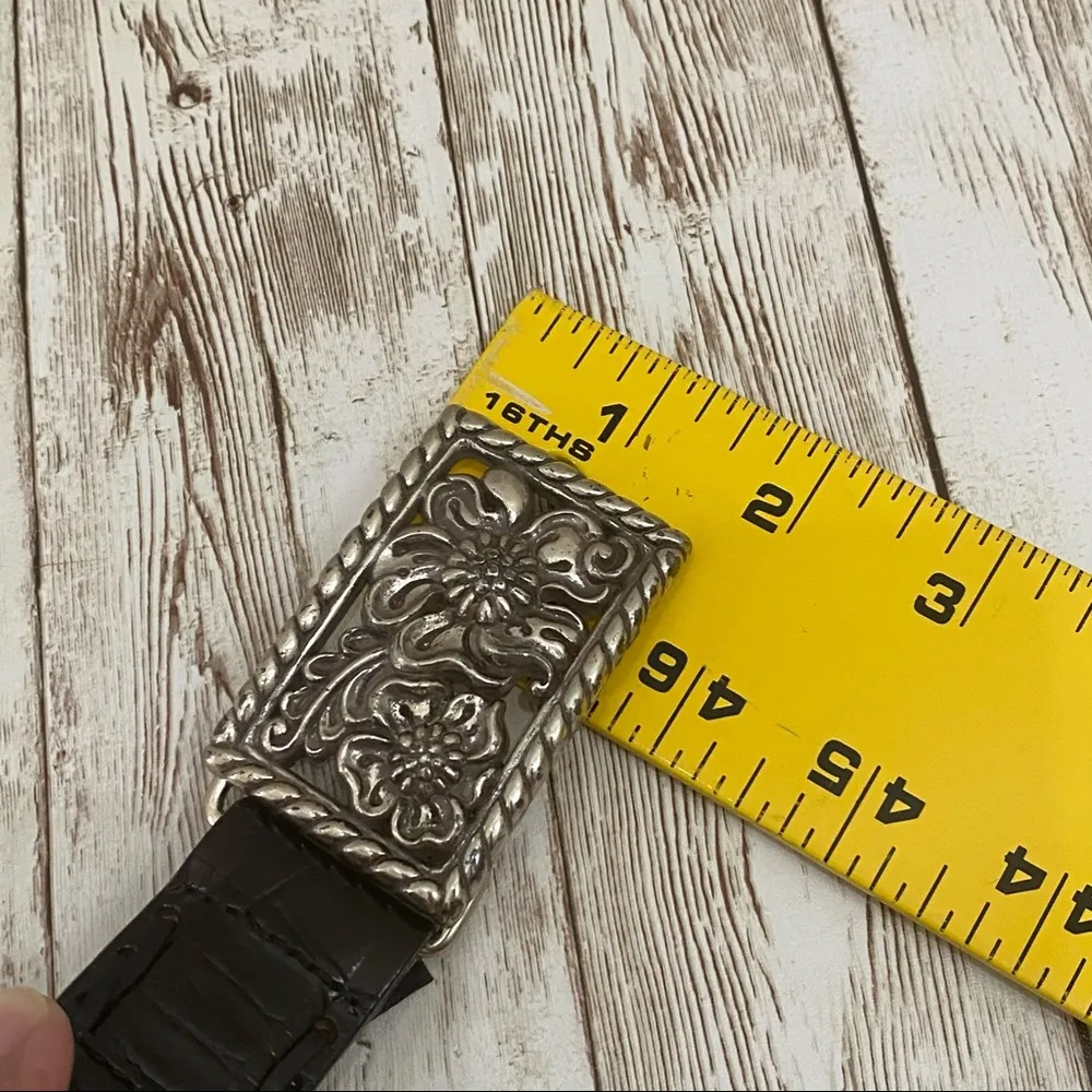 Black Croc Leather Floral Buckle Belt 32 - Image 9