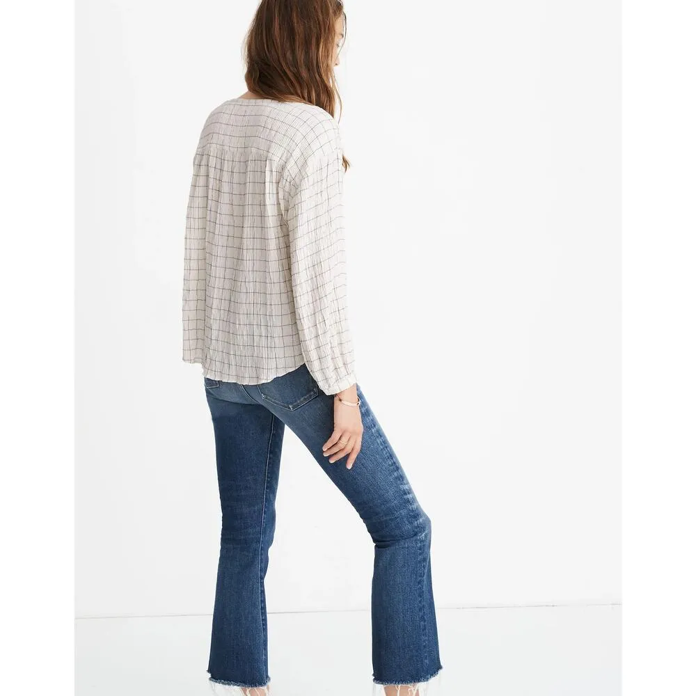 Madewell White Checkered Plaid Button Down Long Sleeve Crop Top Blouse Shirt S - Image 3