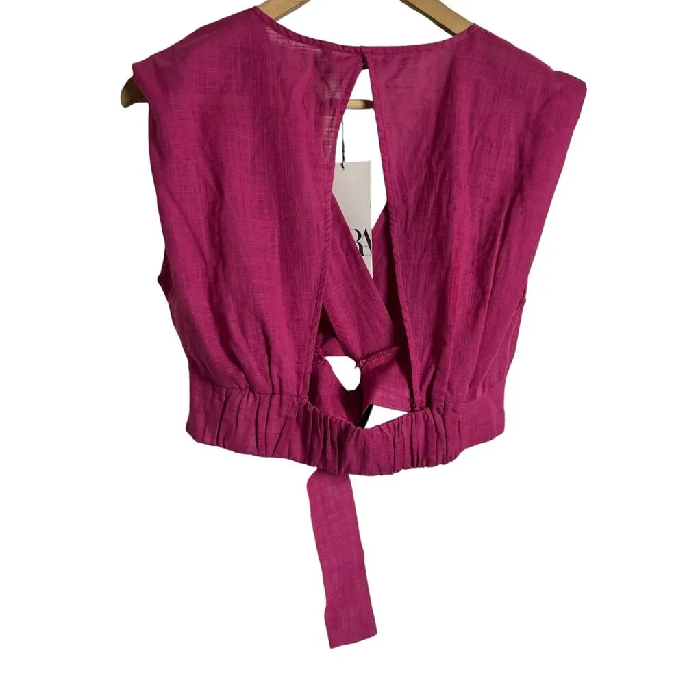 Zara Pink Sleeveless Faux Wrap Belted Cut Out Cotton Crop Top Size Small - Image 10