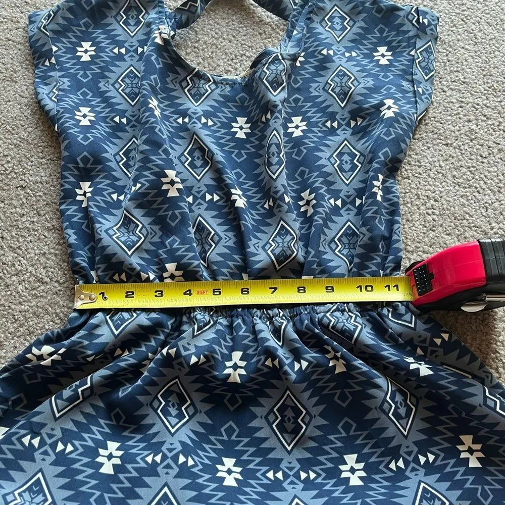 Pink Rose Women’s Blue Aztec Bohemian Print Pocket Short Sleeve Mini Dress Small - Image 9