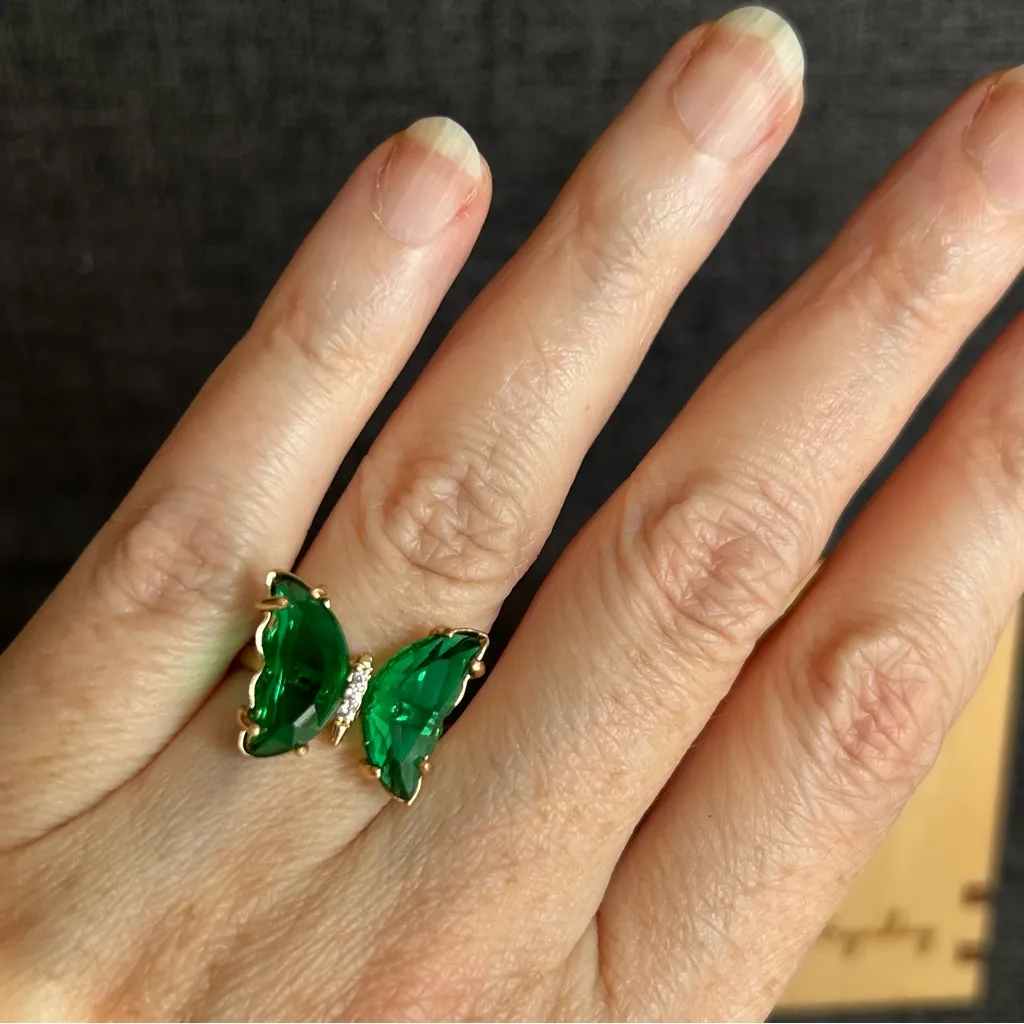 Pretty DARK EMERALD GREEN Butterfly Gemstone Fashion Ring, Gold, Adjustable - Image 13