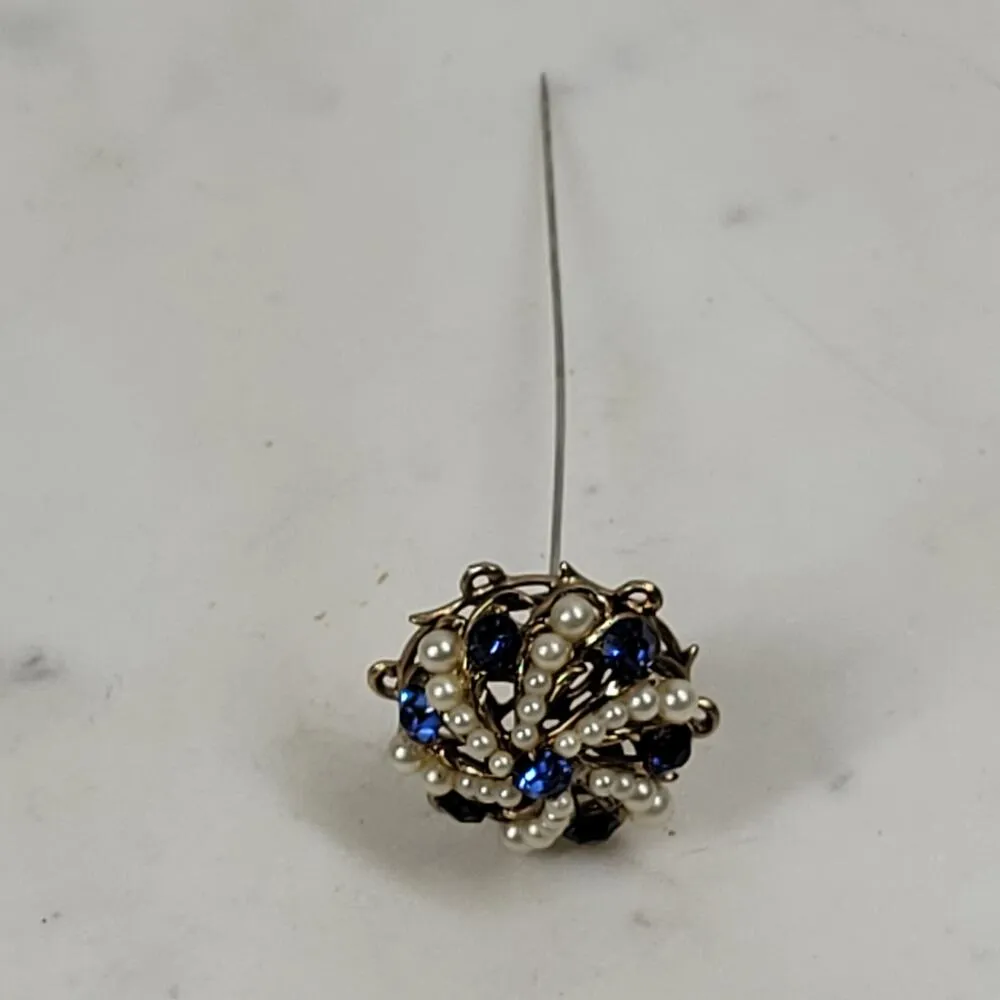 Antique Rhinestone Seed Pearl Hat Pin 4" Metallic Blue Golden Flower Lapel Stick Gold - Image 15