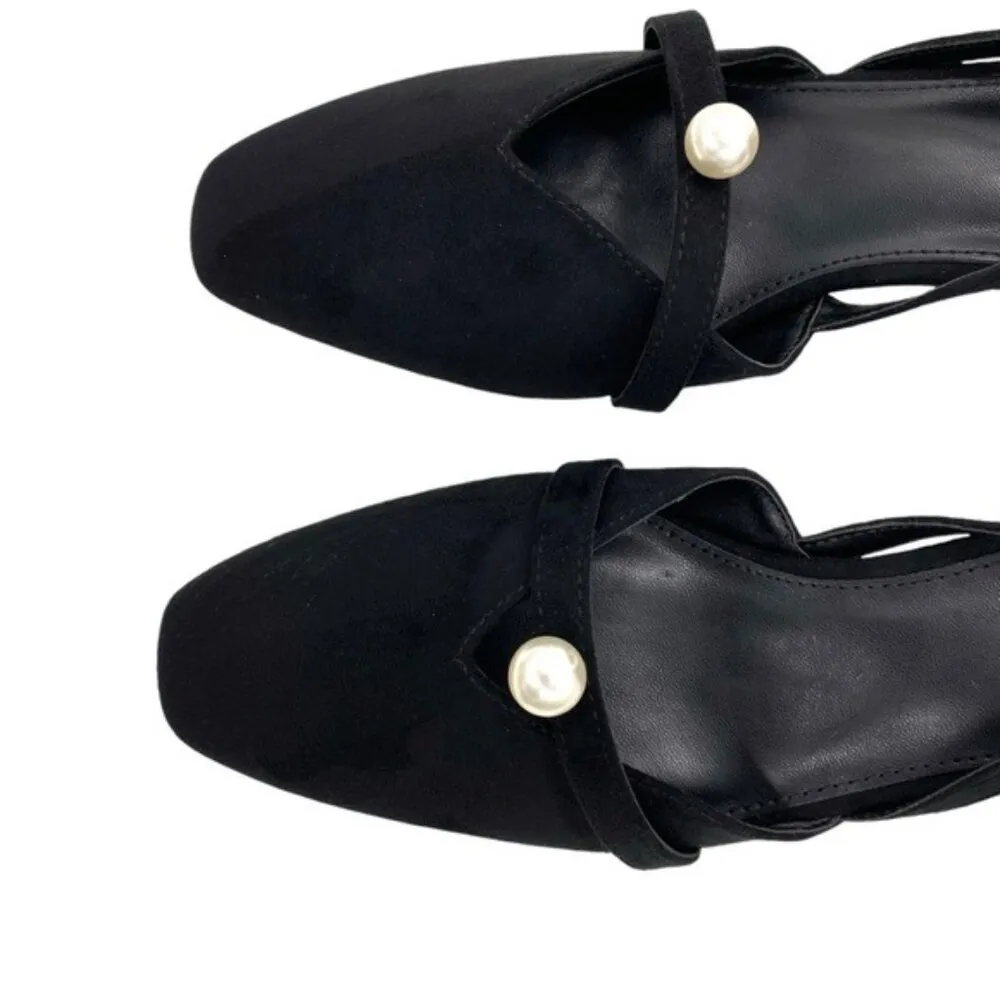 Coutgo Womens Kitten Heel Square Toe Black Faux Suede Pearl Accent Size 7.5 - Image 3