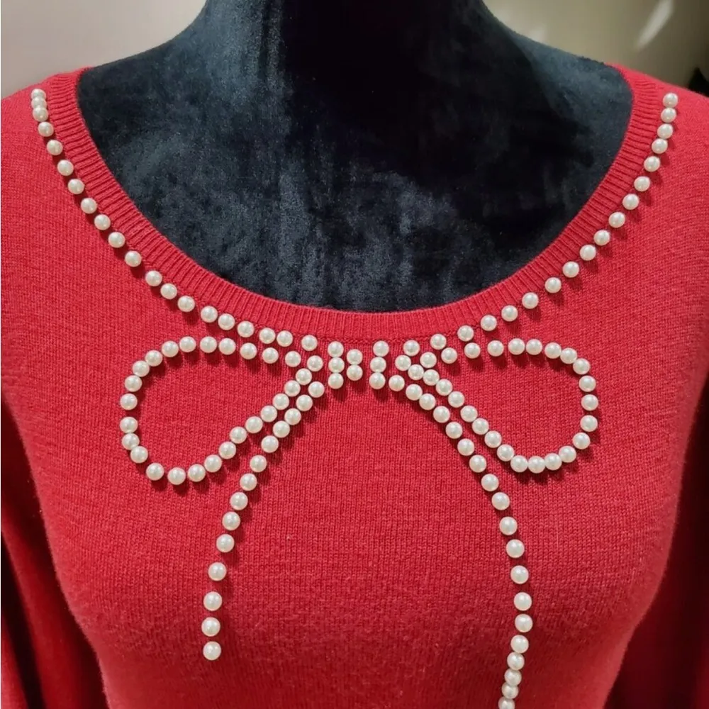 Elle Women Red Cotton Round Neck Long Sleeve Pullover Knit Sweater Size … - Image 2