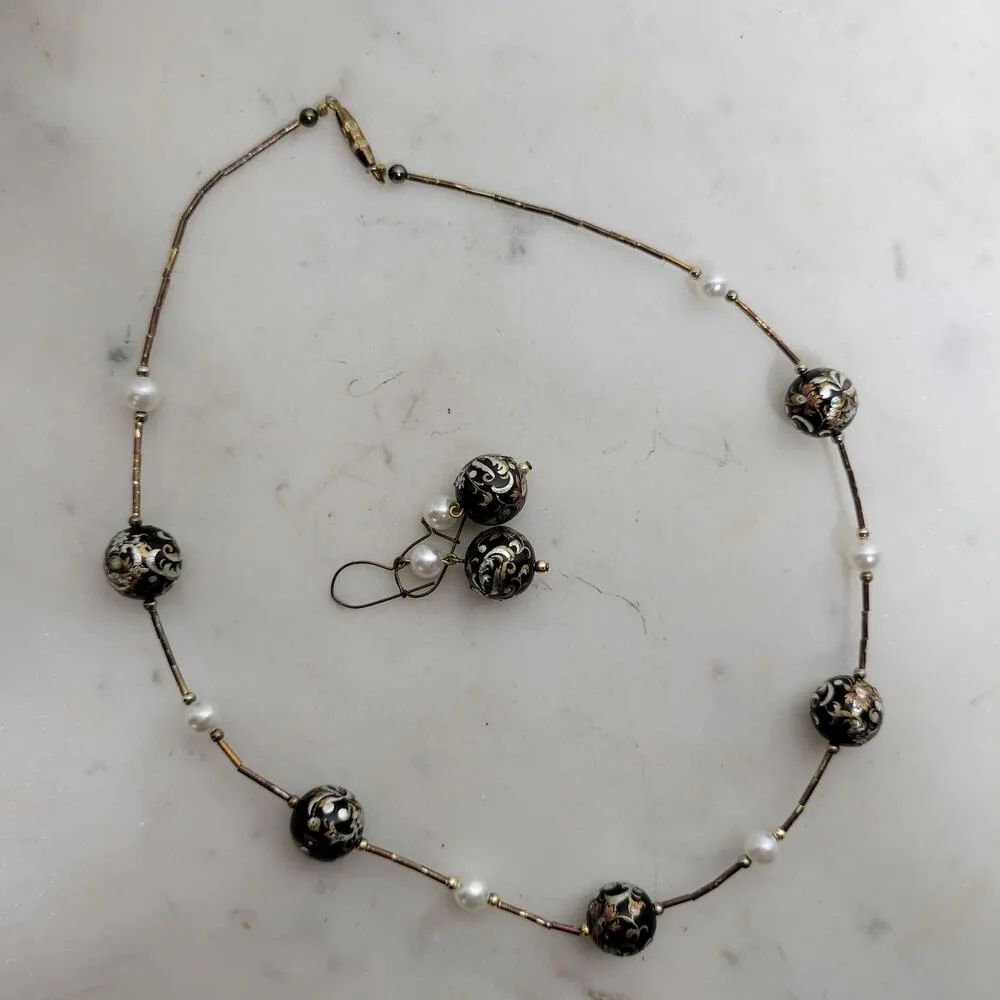 Tensha Bead Freshwater Pearl Jewelry Handpainted Spaced Necklace Earrings Japan Black - Image 9