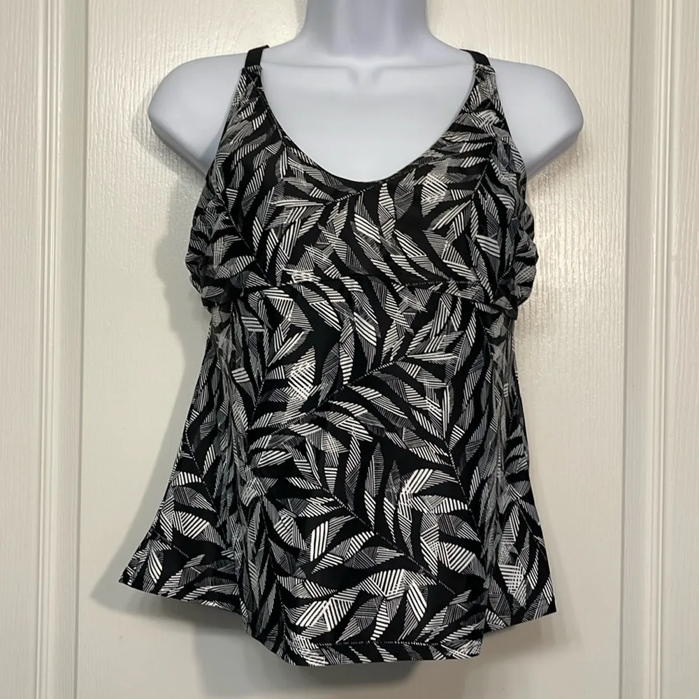 PRANA Margot Black White Tankini Leaves Cross-Back Swimsuit Size 40D EUC #2437 - Image 2