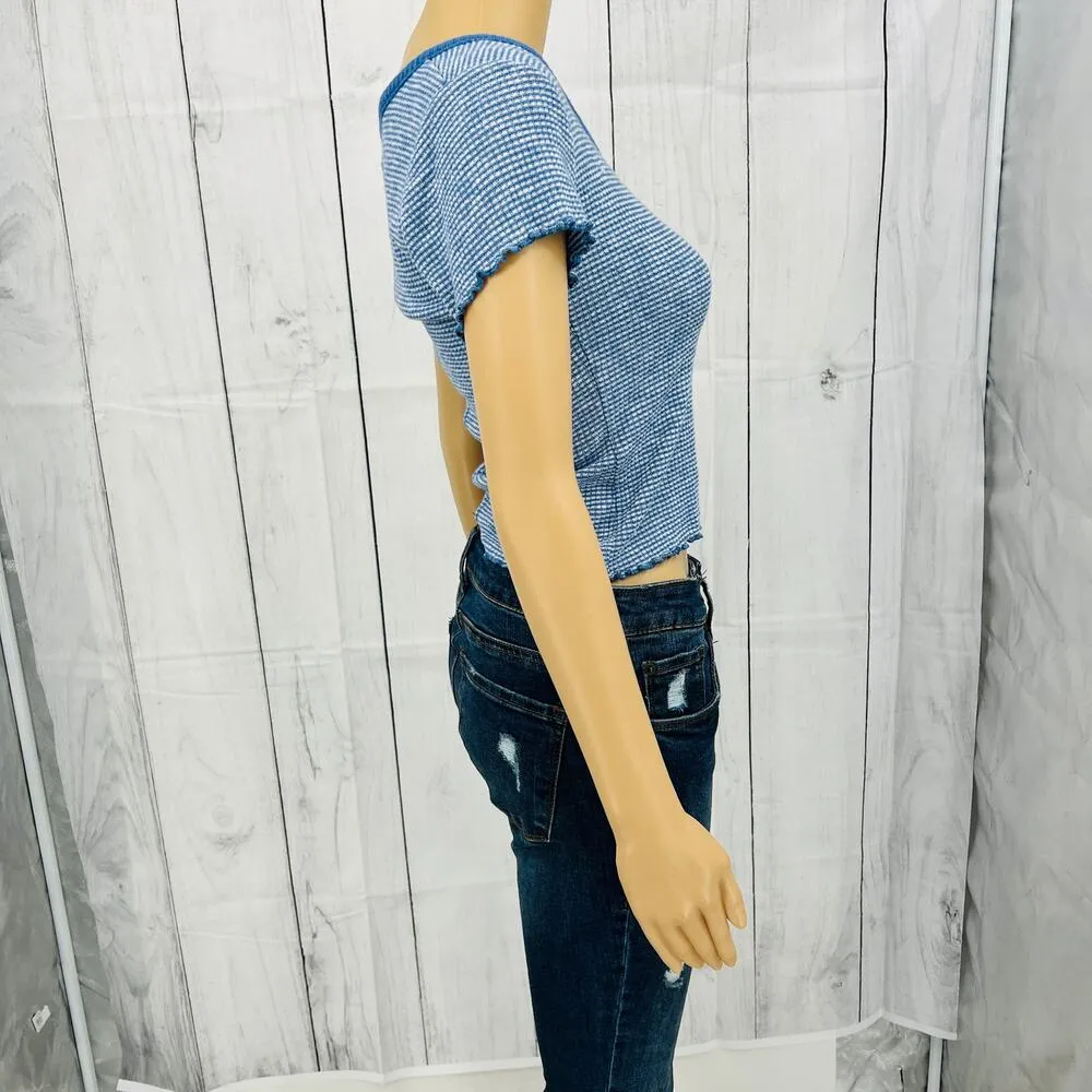 Abercrombie & Fitch (S) Womens Blue White Striped Stretchy Crop Top Tee Shirt - Image 3