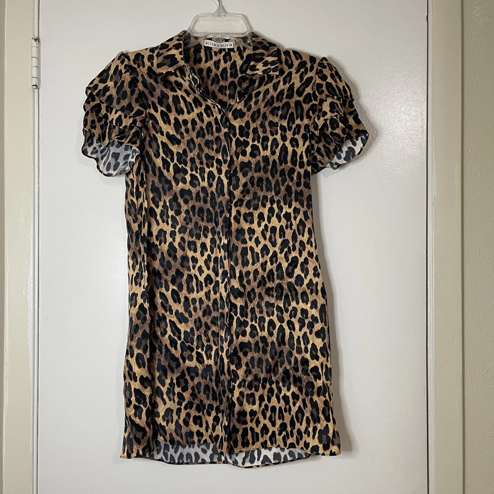 ALICE + OLIVIA Jude Tunic Leopard Short Sleeve Mini Shirtdress XS $395‎ - Image 2