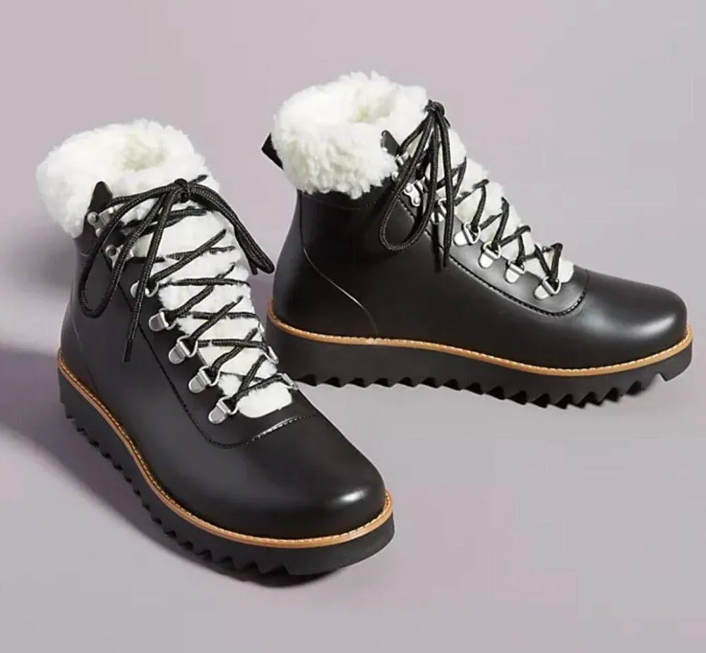 Anthropologie Bernardo Wiley Sherpa Lace Up Rubber Rain Boot in Black Women's 6 - Image 9