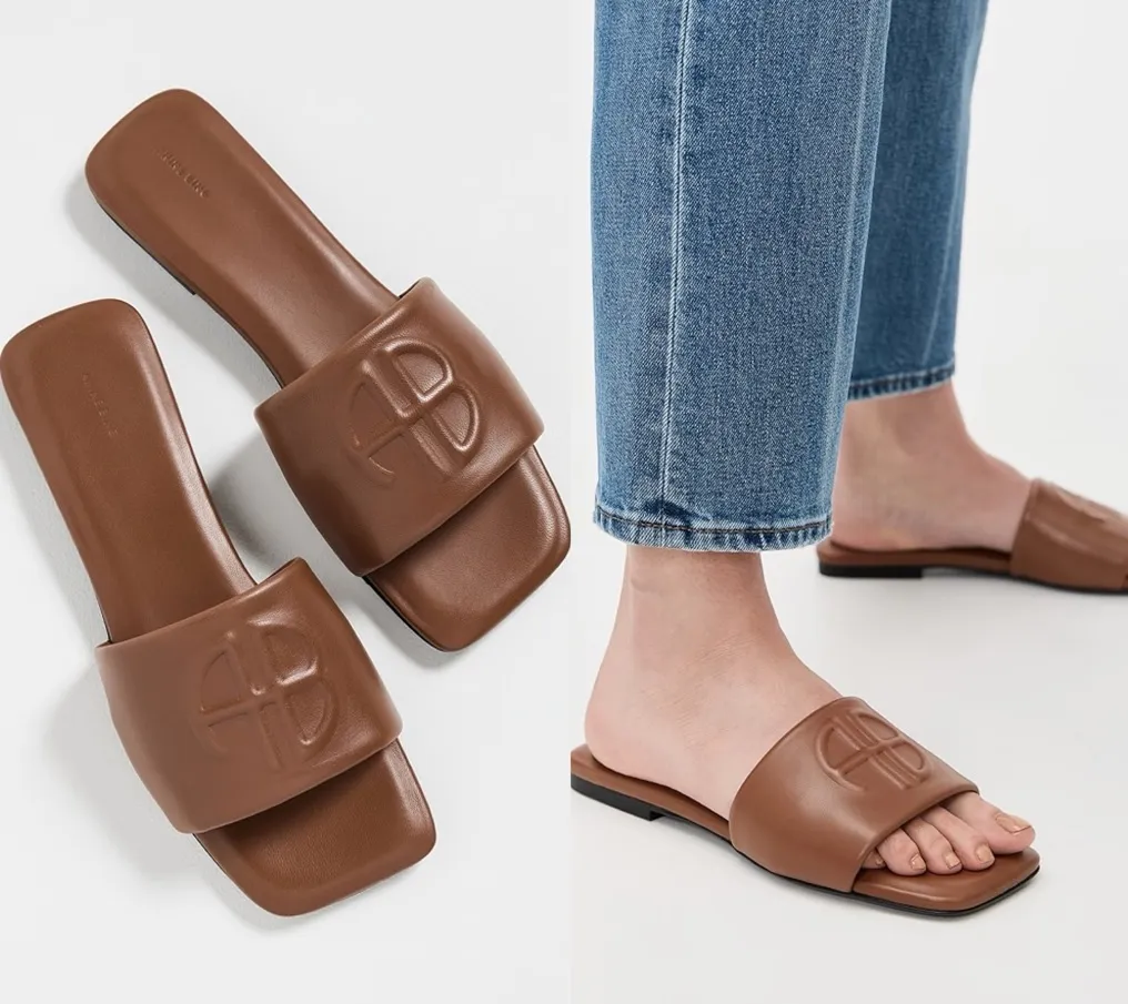 NEW NIB Anine Bing Ria Logo Embossed Lambskin Slides In Cognac Brown - Image 2