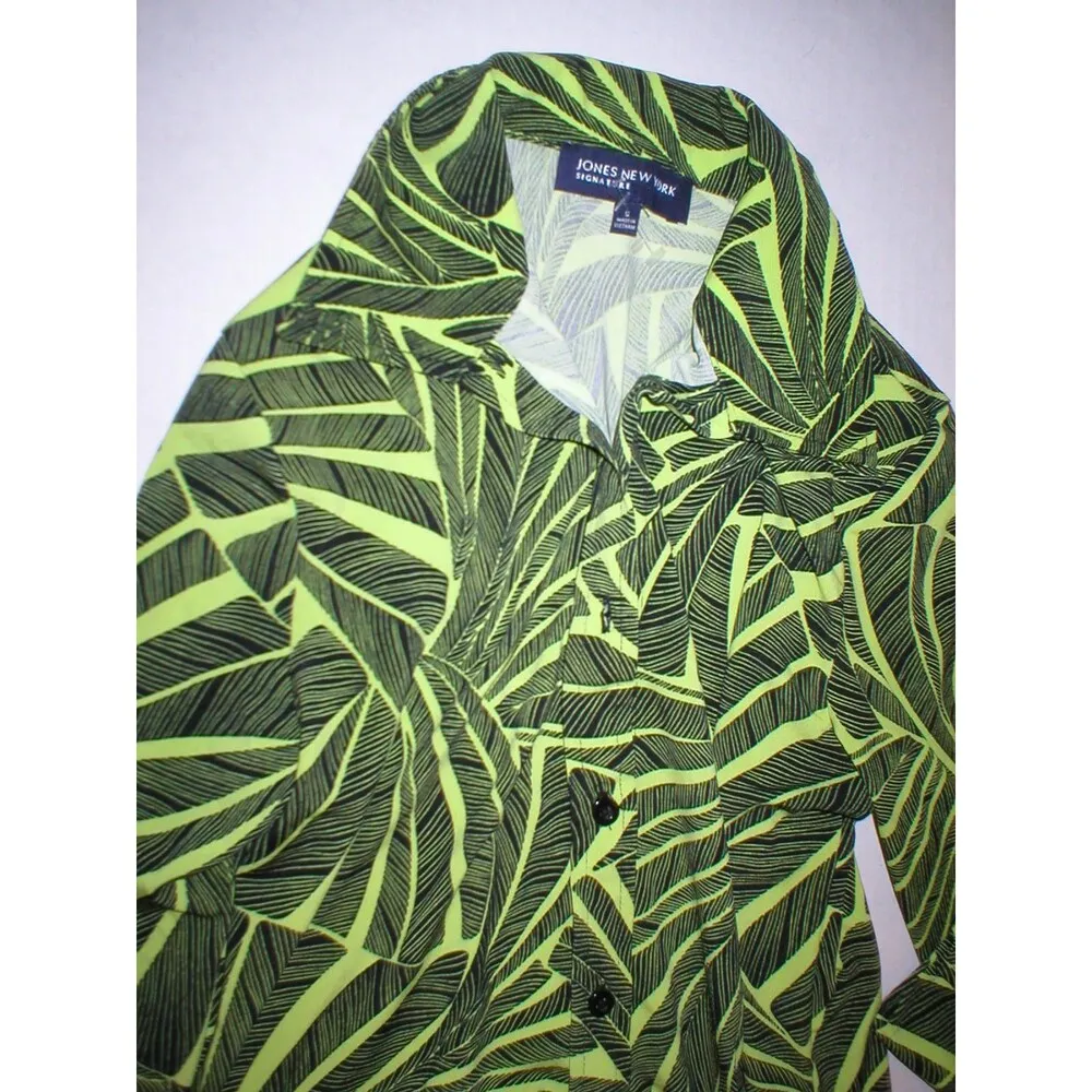 Womens Jones New York Blouse Top Palm Leaf Button Work Black Yellow Green Office - Image 2