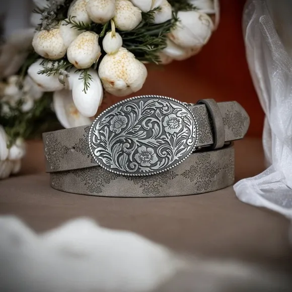 Gray Fashionable Embossed Faux Leather‎ Belt Oval Flower Leaf Buckle Stylish - Image 2