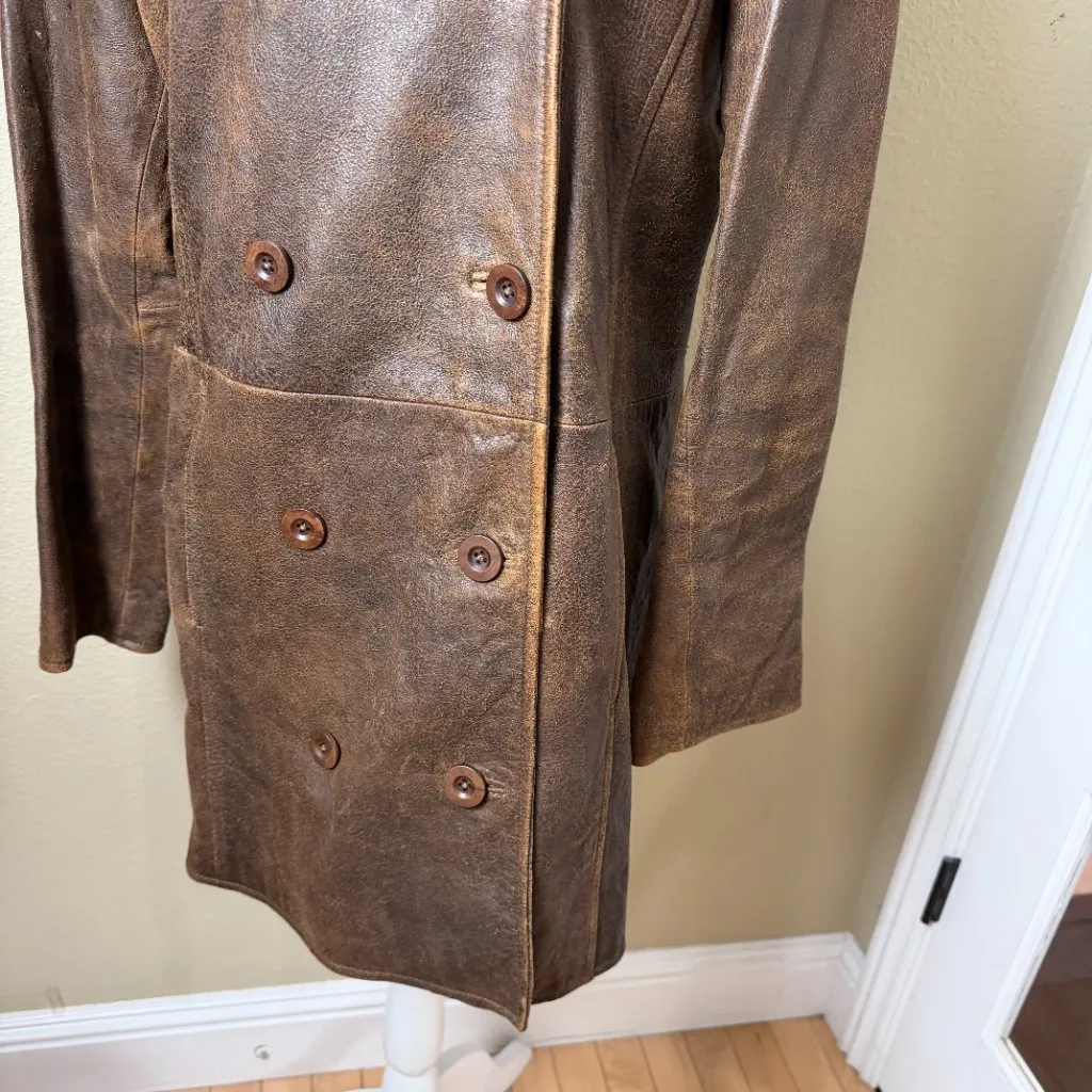 Vintage SUNDANCE Leather Trench Coat Jacket Lined Double Breasted Size Medium - Image 4