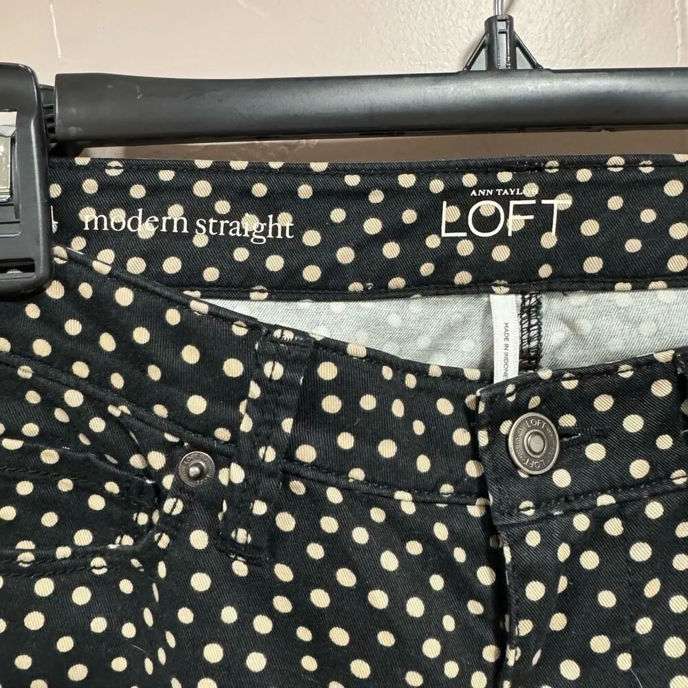 Ann Taylor Loft Womens Black Tan Polka Dot Modern Straight Leg Casual Pants Size - Image 3