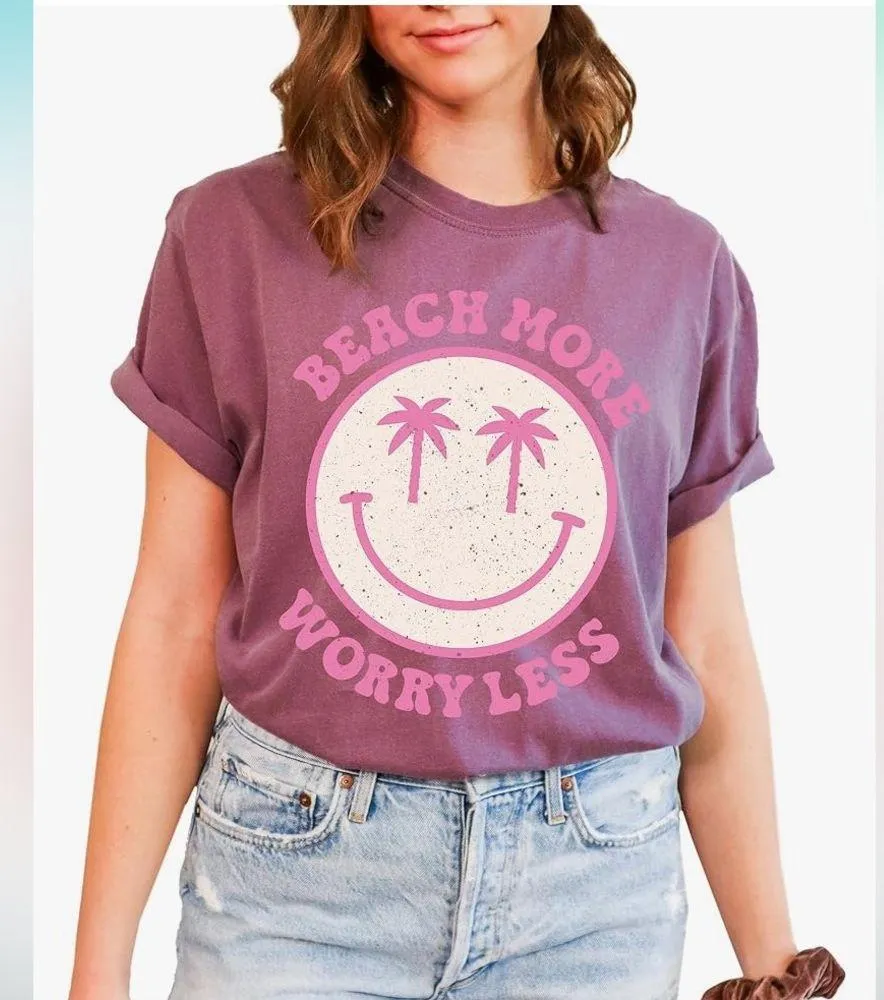 Tee Territory Beach More Worry Less Short Sleeve Tee in Light Pink & Orange Size M - Image 2