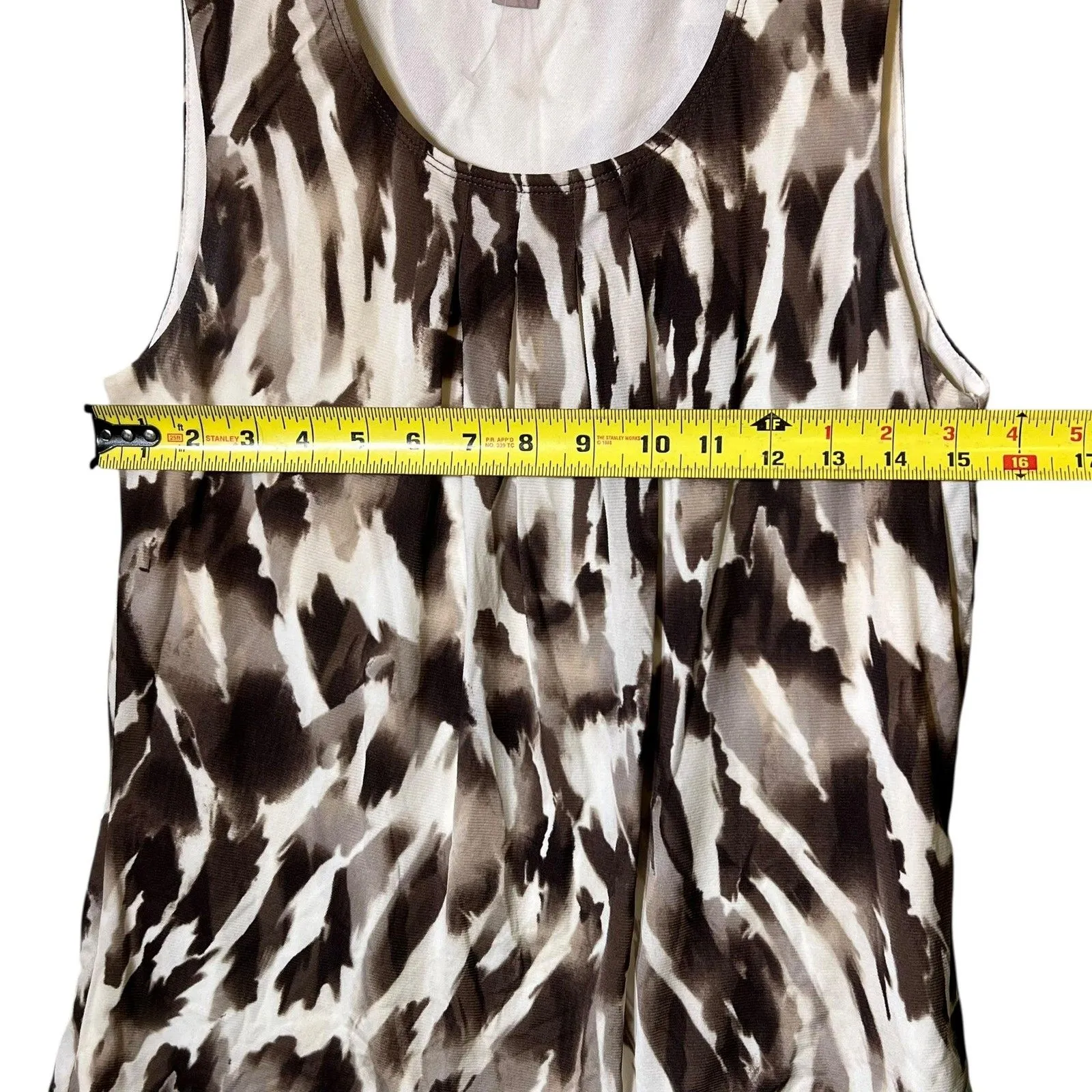 Chico's Shirt Womens 0 Brown Black Ivory Abstract Print Tank Top Pleated Neck - Image 5