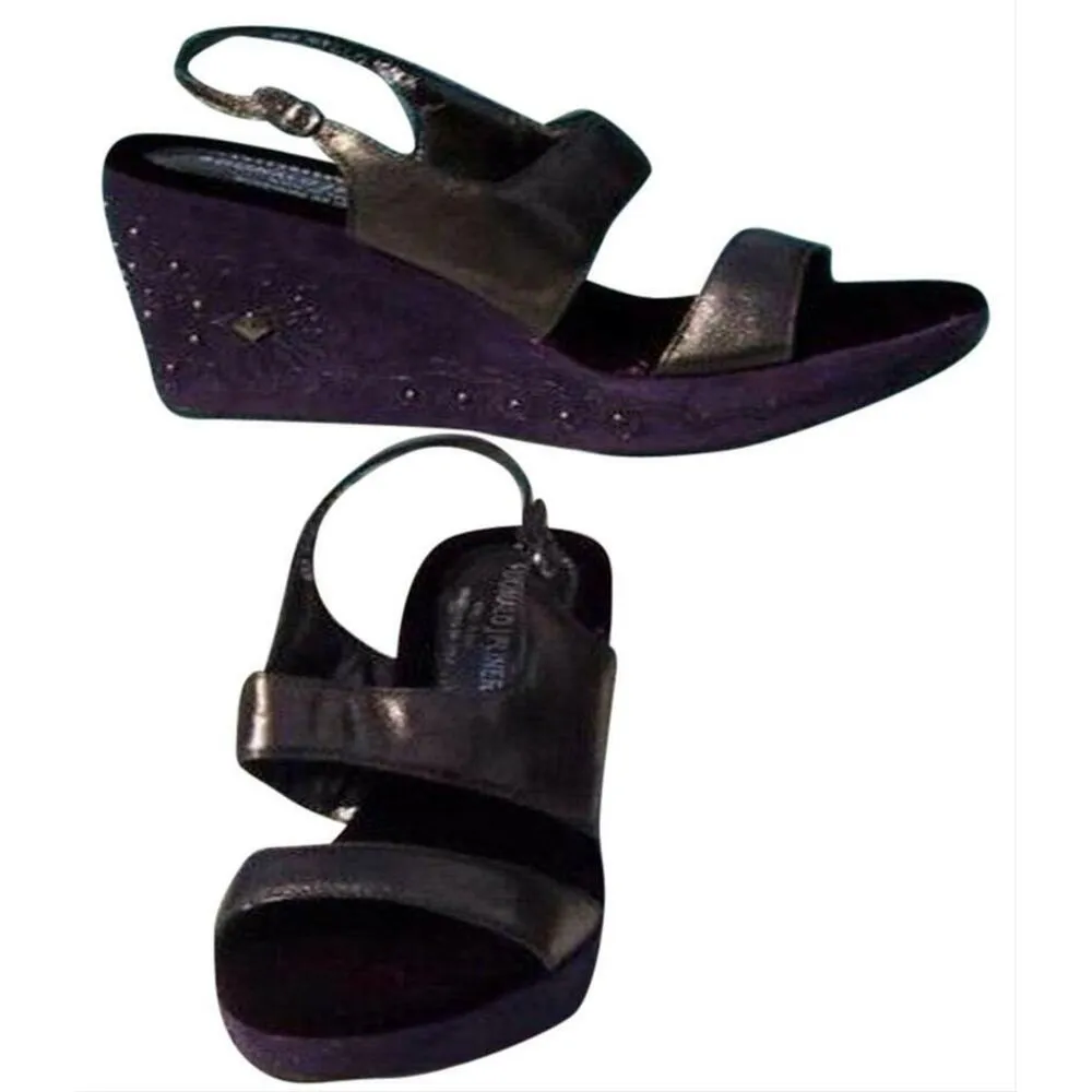Donald Pliner Metallic Leather Wedge Platform Shoe New Suede Embroidery $275 NIB Purple Size 6 - Image 2