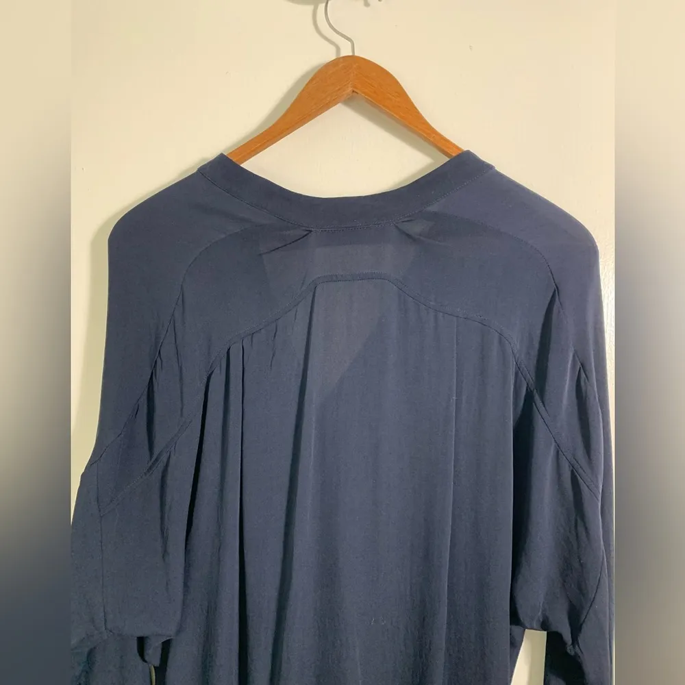 , silk, navy blue, v-neck, banded collar, long sleeve, blouse, shirt, S - Image 3