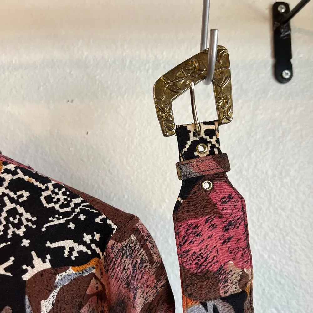 D' Lim Vintage Abstract Pink Floral Long Sleeve Dress with Belt Pockets Size XS - Image 5