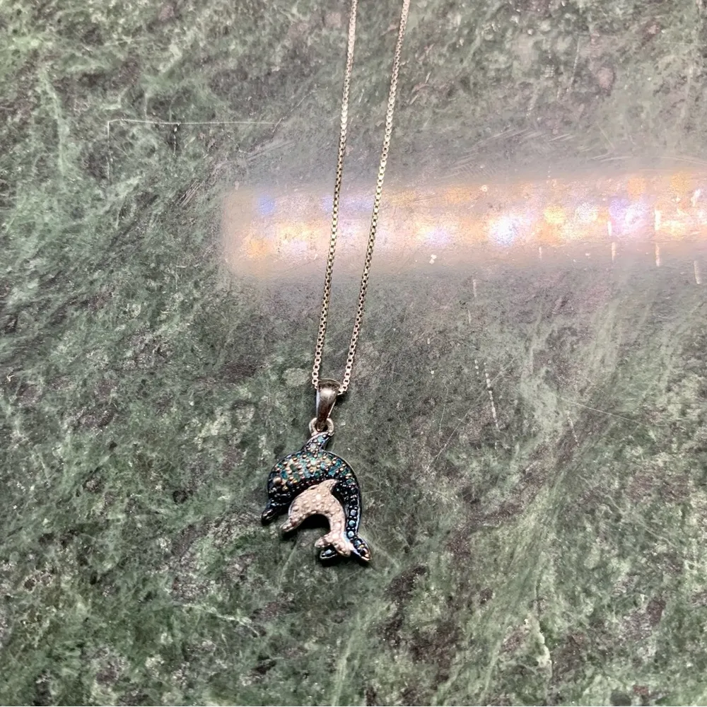 Blue And White Diamond Two Dolphin Pendant Necklace Sterling Silver 925 SUN 20” - Image 2