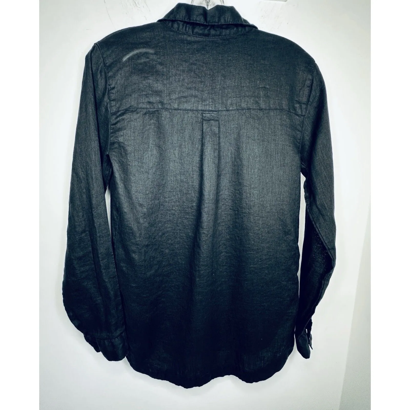 garnet Hill Black Linen Button Front Long Sleeve Tunic Shirt size small pocket - Image 9