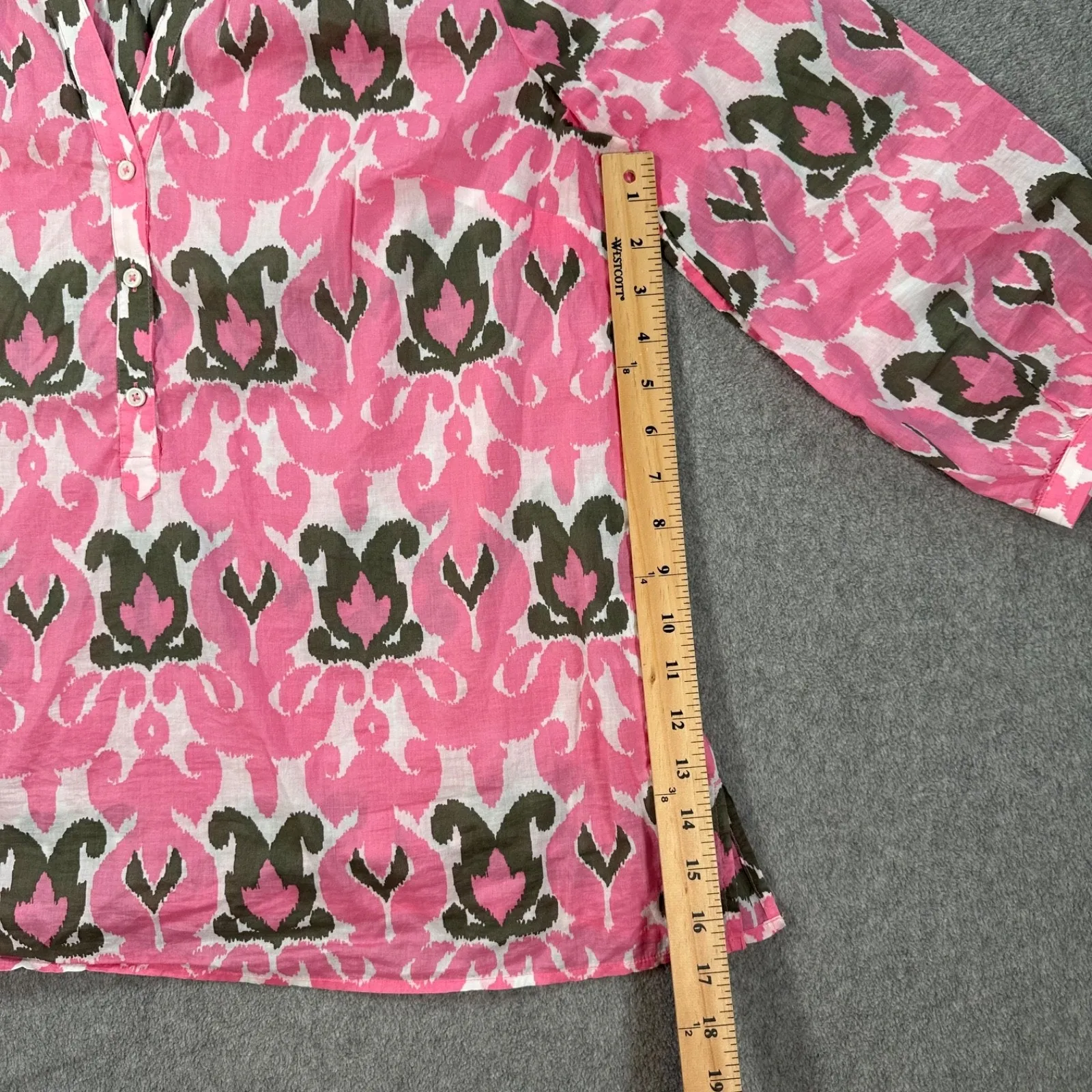 TALBOTS Split Neck Popover Shirt Pink Ikat Women's XL Lightweight 3/4 Sleeve - Image 6