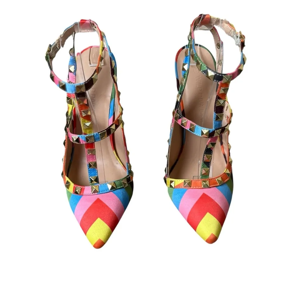 Wild Diva  Striped Studded High Heel Pointed Toe Pumps Size 5.5 Rainbow Pride EUC - Image 2